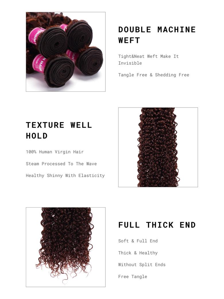 The UNice Mahogany Red Brown Jerry Curl 3Pcs 100% Remy Human Hair Bundles image highlights DOUBLEMACHINE, WEFT, Tight&Neat Weft Make It, Invisible, the different types.
