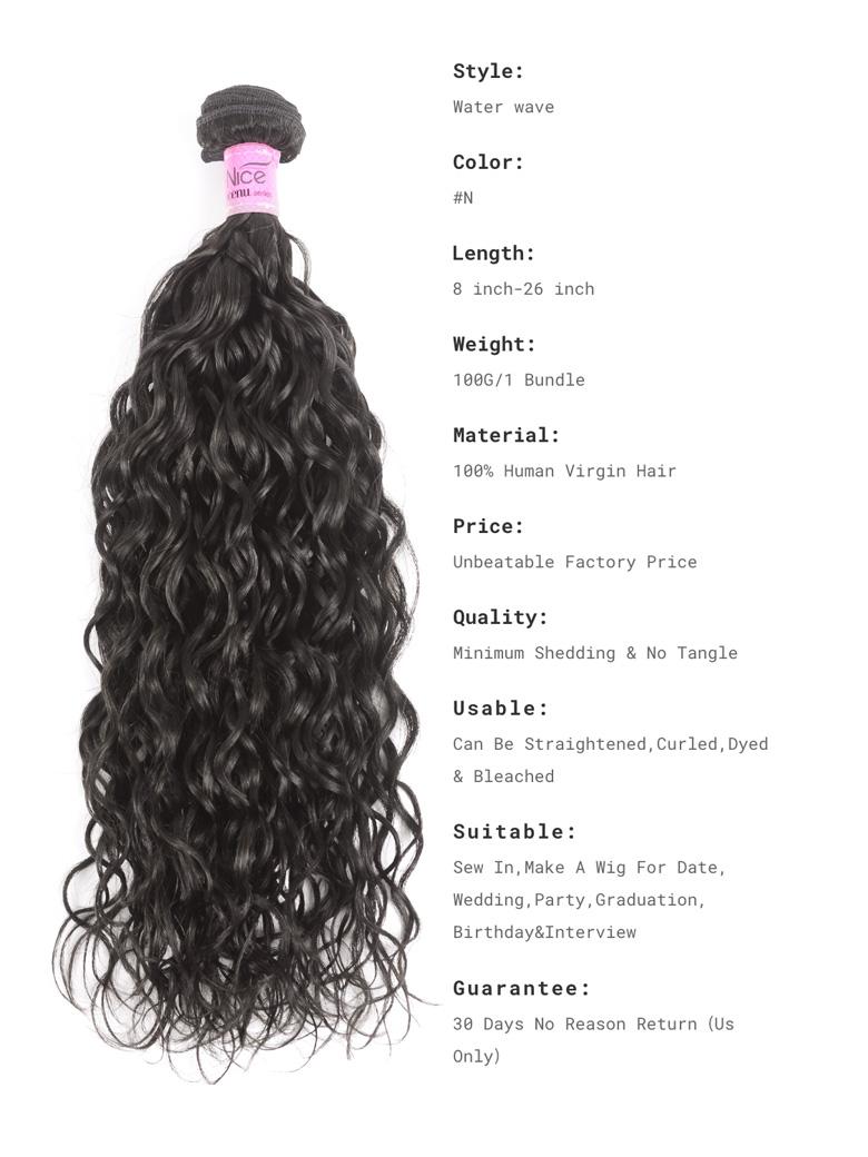 The UNice Hair Hair 4 Bundles Water Wave Unprocessed Virgin Human Hair image highlights Style, Water wave, Color, Vice, a diagram of the hair extensions and water wave.