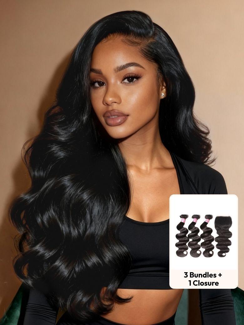 A model displays the UNice 5x5 Clear HD Lace Closure With Body Wave 3Pcs Bundles, showing a model with long black hair and a black bra bra bra bra bra bra bra bra bra.