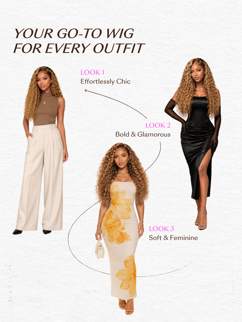 A model displays the UNice 13x4 Bye Bye Slip Lace Frontal Bronde Color With Honey Blonde Highlights Water, showing a woman in a black and white dress with the words you.