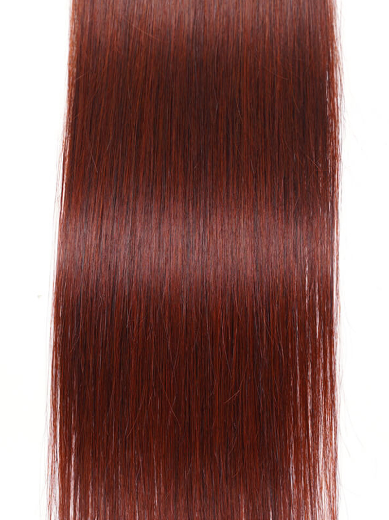 The UNice Reddish Brown Straight 1Pc 100% Remy Human Hair Bundle product image shows a close up of a red hair on a white background and straight texture, reddish brown.