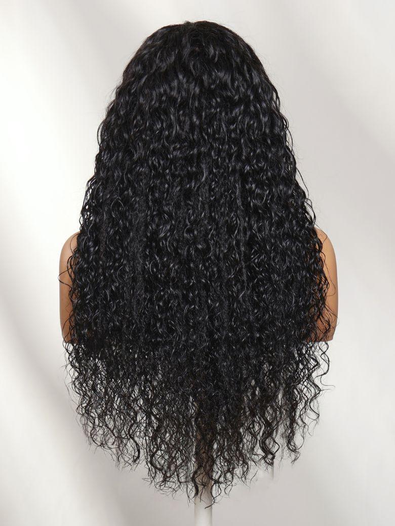 A model displays the UNice 13x4 Bye Bye Slip Lace Frontal Textured Kinky Water Wave Wig with Invisi, showing a woman ' s back view of a long curly wig and water wave.
