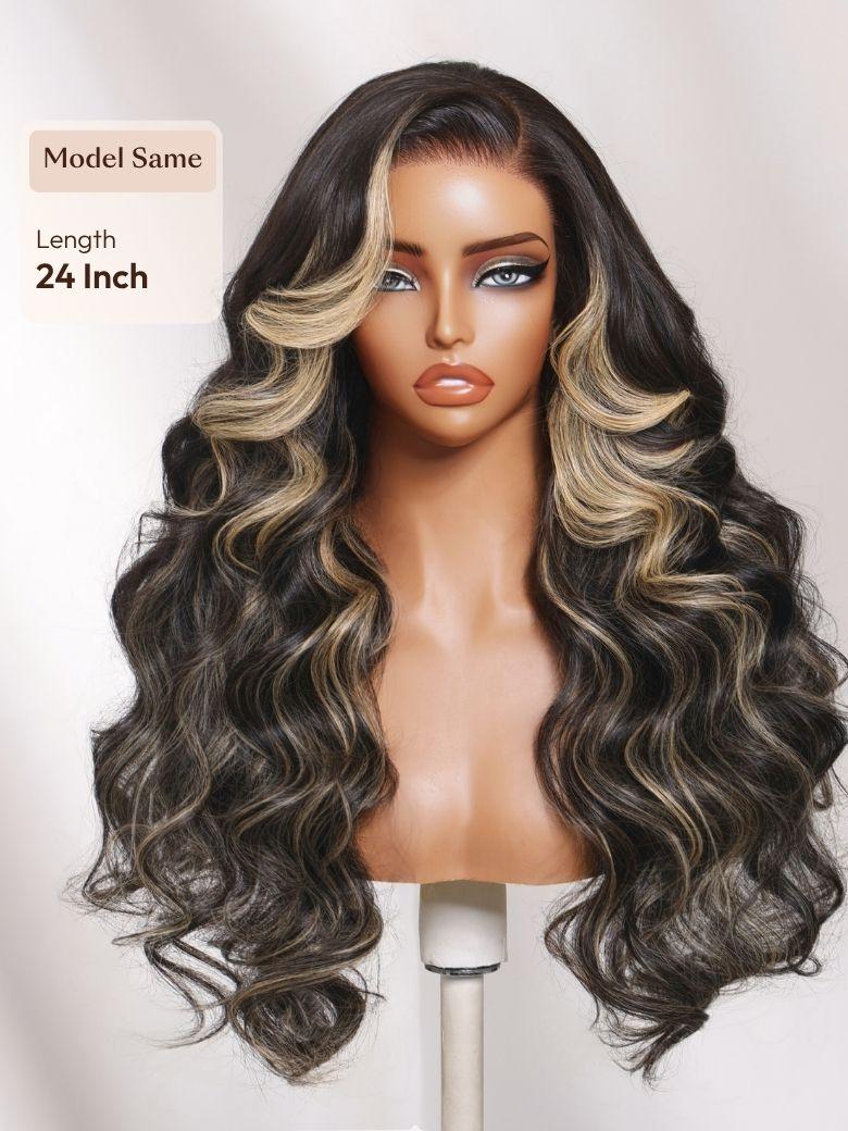 The UNice 7x5 Bye Bye Slip Lace Black With Blonde Face-Framing Highlights Body Wave Wig visual image position 5 shows a wig with long wavy hair and a brown base | body.