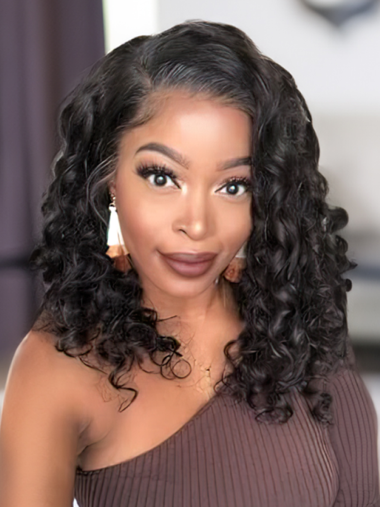 A model displays the UNice Funmi Curly Tight & Neat Human 1 Bundle Virgin Hair Natural Color, showing a model with long black hair and curly texture, bundle fullness.