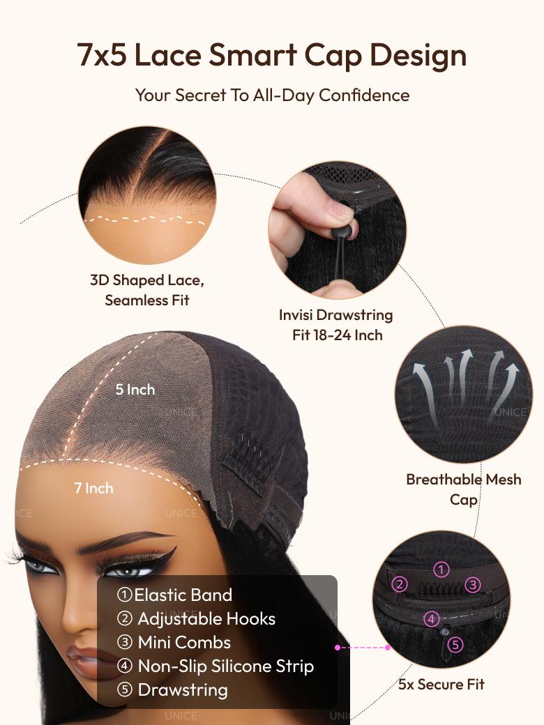 A model displays the UNice Bye Bye Knots 7x5 Lace Black to Brown to Blonde Ombre Water Wave Wig with, showing a woman ' s head with a diagram of the hair and water wave.
