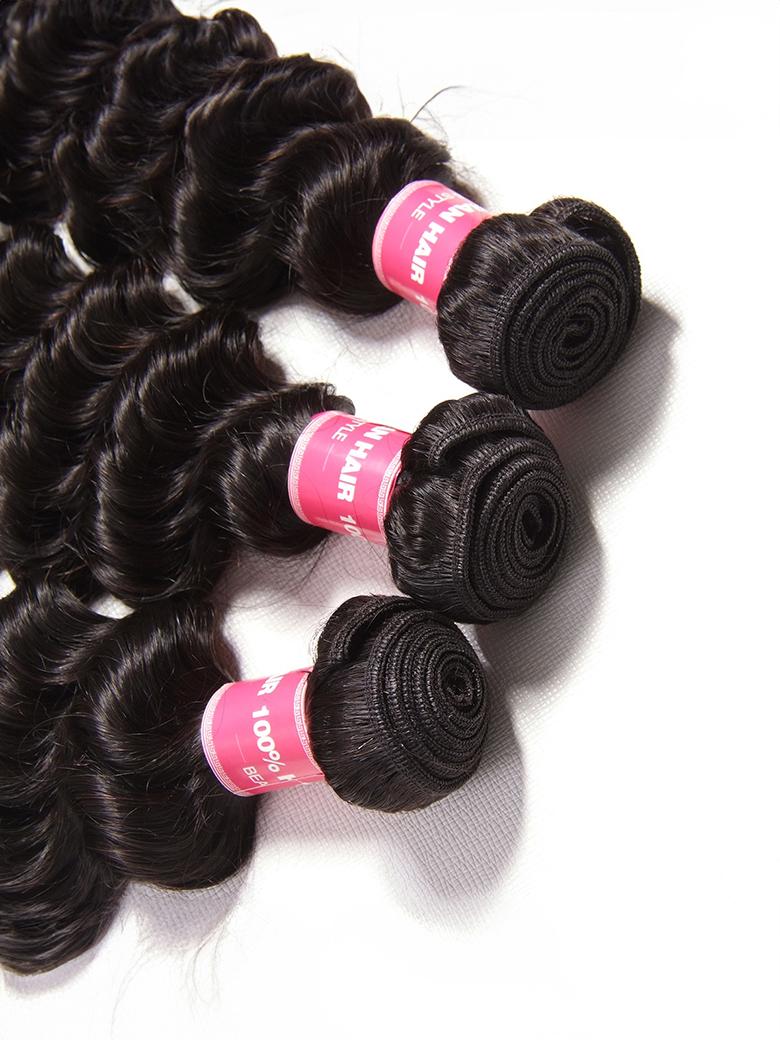 The UNice Deep Wave Malaysian Remy Hair 3 Bundles Deal Free Fast Shipping image highlights NHAIR, the hair is black and deep wave texture, bundle fullness.