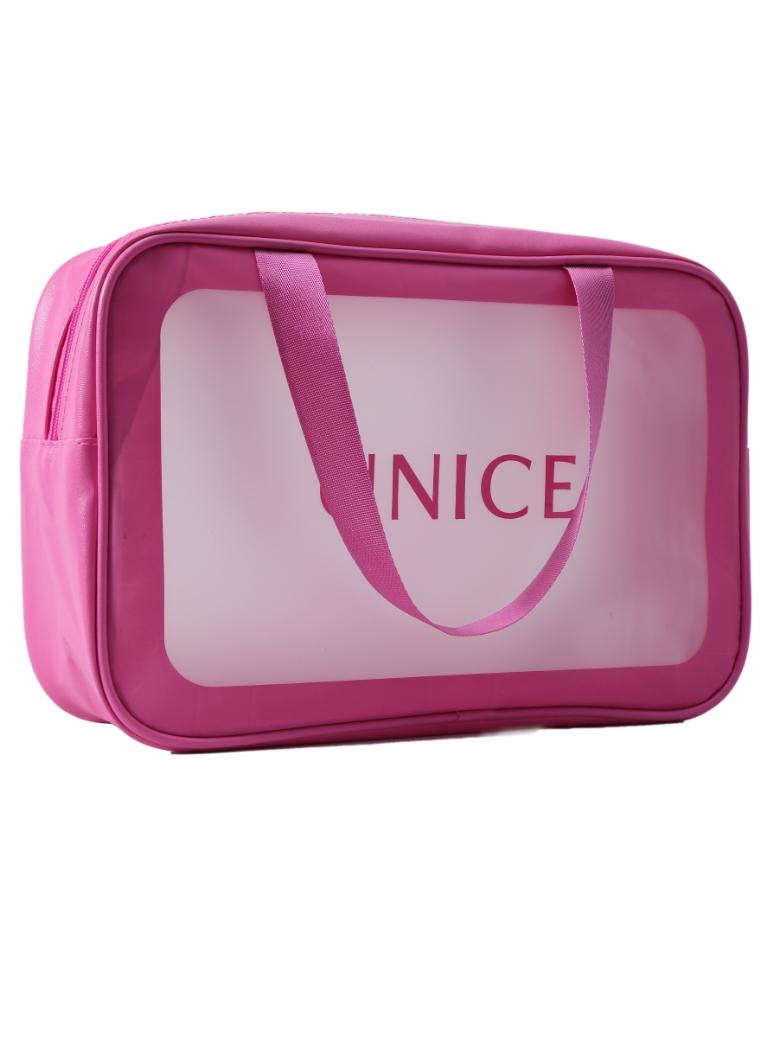 The UNice Bubble Gum Pink Wash Bag Makeup Bag image highlights NICE and a pink bag with the word nc on it.