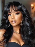 The UNice Bouncy Black Fluffy Natural Loose Wave Curtain Bangs 7x5 ByeBye Knots Lace Wig visual image position 3 shows a model with long black hair and a black dress |.