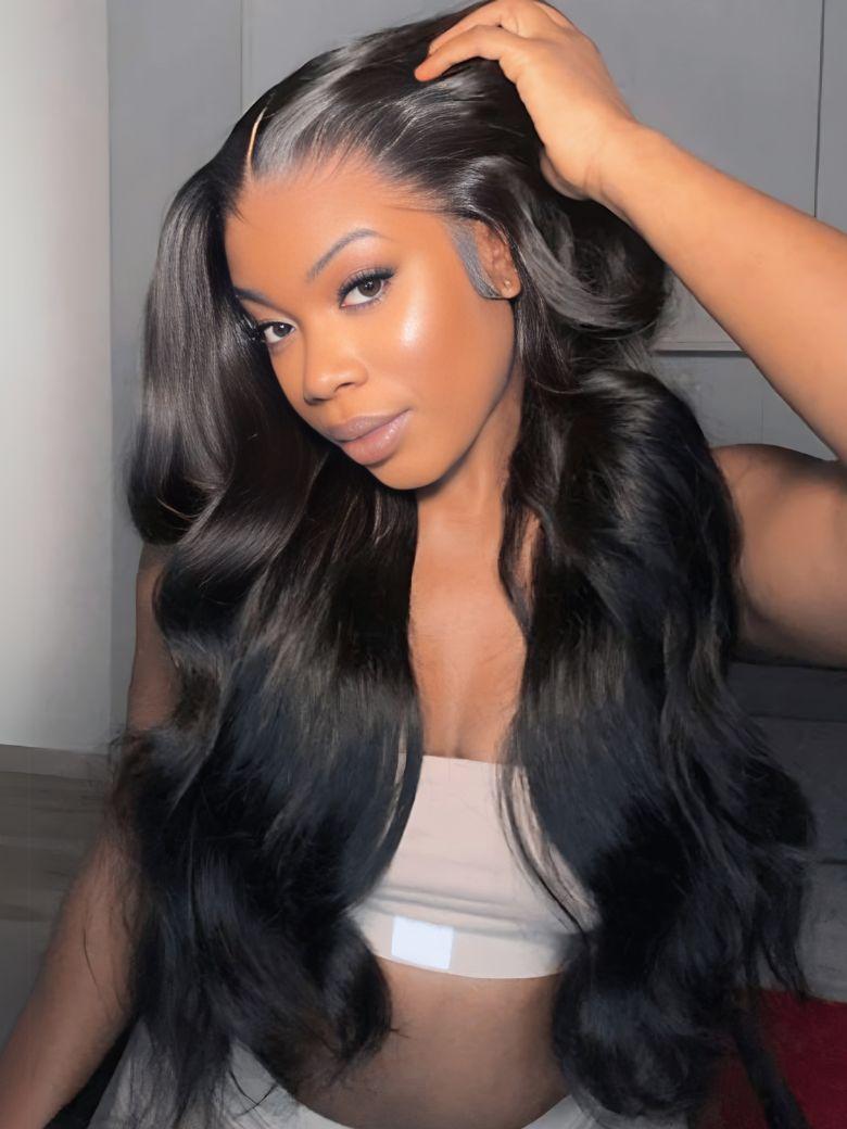 A model displays the UNice 13x4 HD Real Scalp Wig Pull And Go Drawstring Loose Wave with Face Framing, showing a model with long hair wearing a grey top and loose wave.