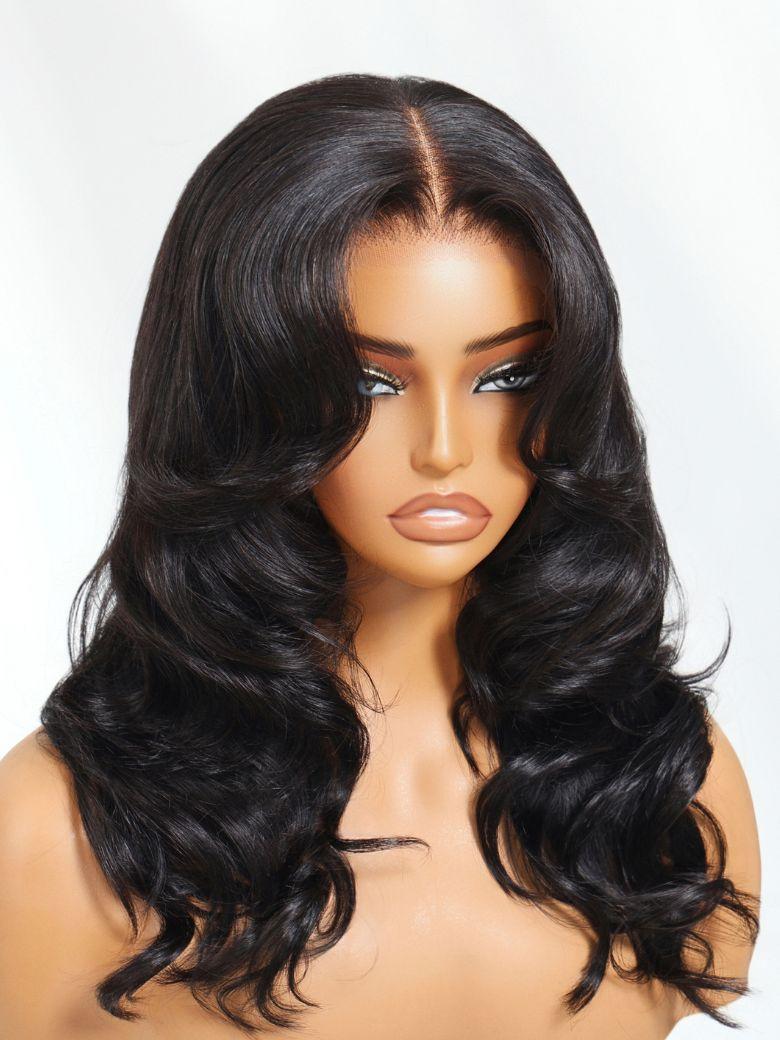 The UNice 180% Density 7x5 Bye Bye Knots Butterfly Cut Body Curls Lace Wig with product image shows a wig with long black hair and body wave texture, 7x5, lace finish.