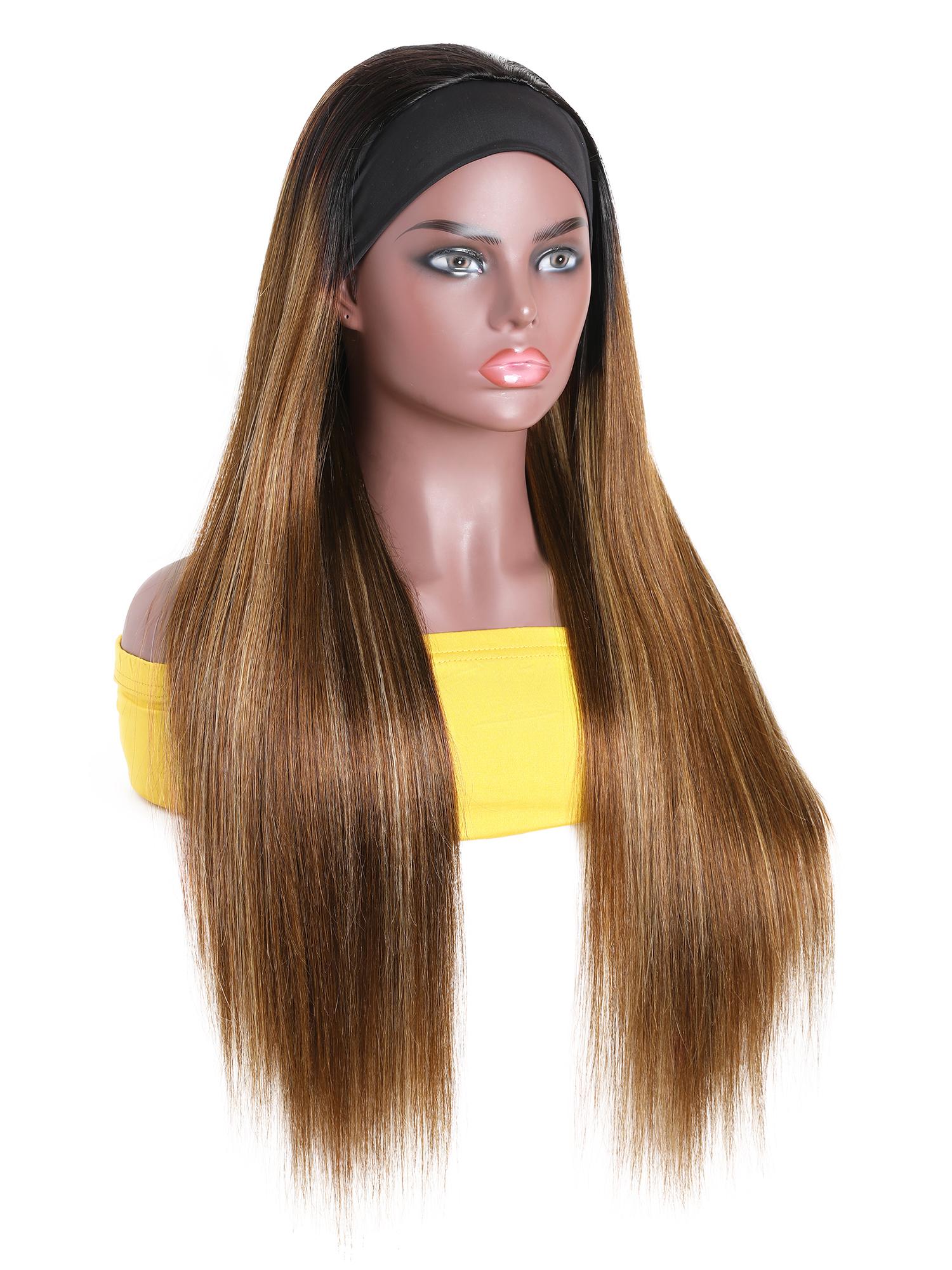 The UNice Ombre Dark Roots Honey Blonde Human Hair Wig 150% Density Headband Straight product image shows a wig with long hair and a headband and straight texture, honey.