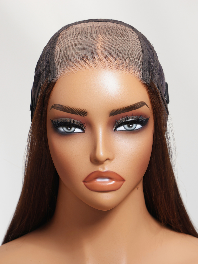 The UNice 5x5 HD Reddish Brown body wave & 4x4 Pre-Cut Lace Chocolate Brown Yaki wig product image shows a close up of a manne with a headband and body wave texture.
