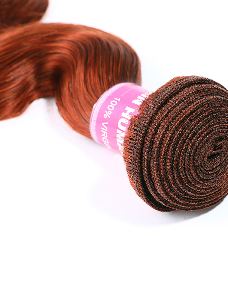The UNice Hair #350 Color Virgin Hair Weave Ginger Hair 1 Piece Hair Bundle Body Wave product image shows a red hair extension with a pink label and body wave texture.
