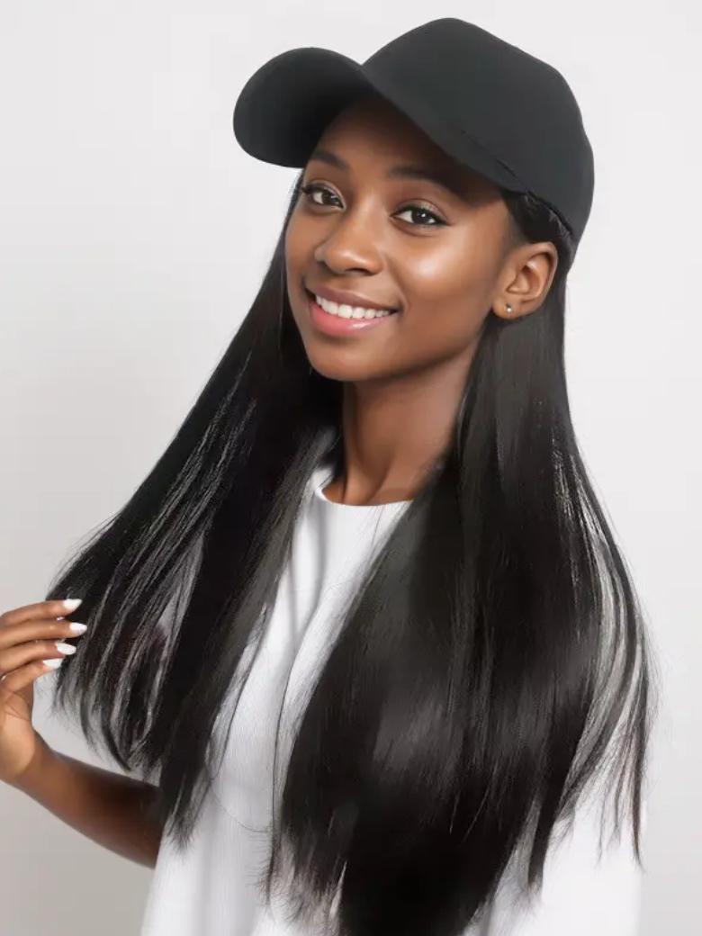 A model displays the UNice Black Straight Baseball Hat Glueless Wig, showing a woman wearing a black hat and white shirt and straight texture, glueless wear.