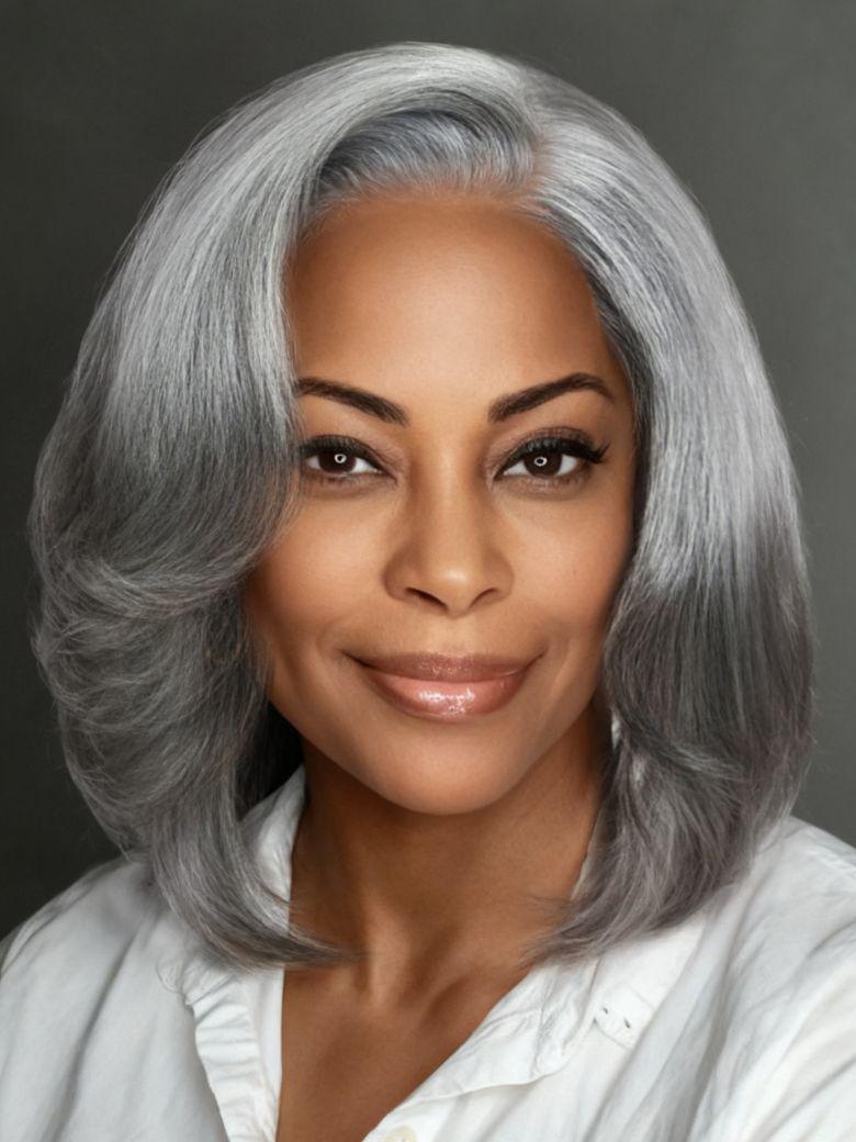 The UNice Boss-Vibe Salt and Pepper Blowout Layered Bob Glueless Wig 6.5x1.5 Side Part visual image position 3 shows a model with grey hair and a white shirt | 5x1.