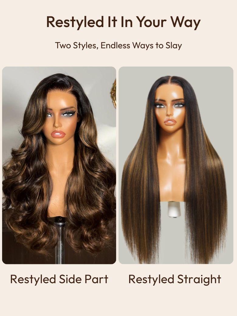 The UNice Ins Exclusive Discount UNice 7x5 Bye Bye Knots Wig Glueless Lace Balayage image highlights Restyled It InYourWay, TwoStyles, EndlessWays to Slay.