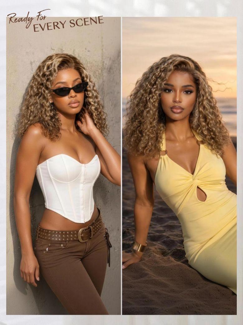 A model displays the UNice 7x5 Bye Bye Slip Glueless Invisible Drawstring Honey Blonde Highlights wig, showing a woman wearing a white top and brown pants and curly.