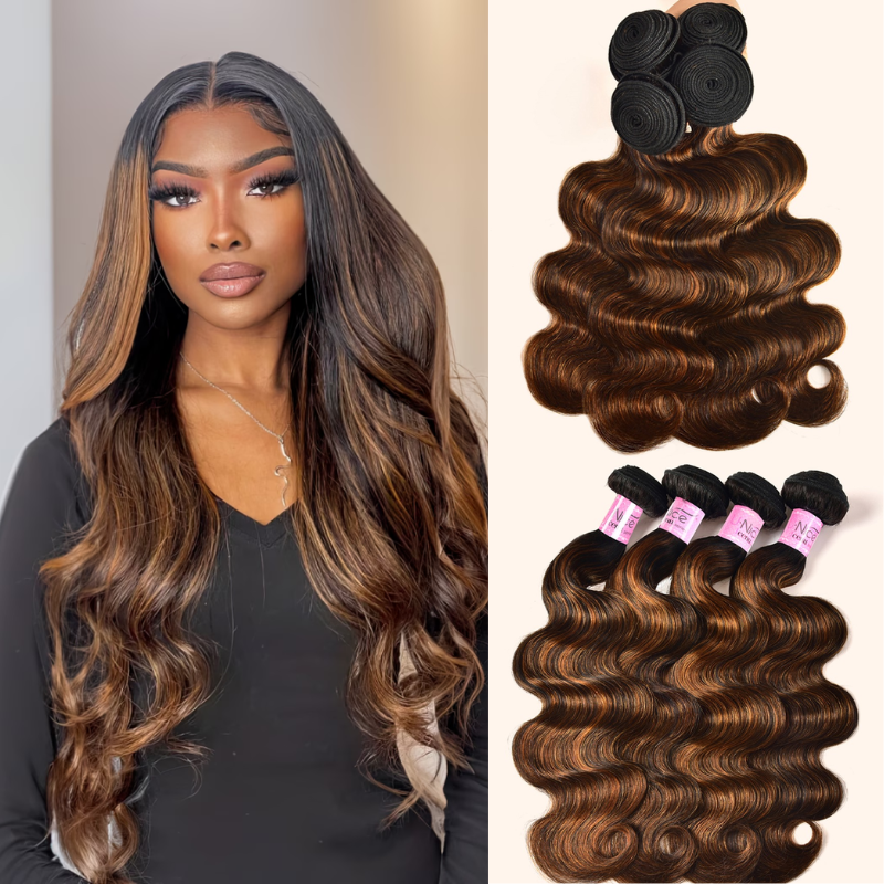 A model displays the UNice Classic Brown Highlight 4Pcs Human Hair Body Wave Bundles, showing brazilian body wave hair bundles and body wave texture, highlight.
