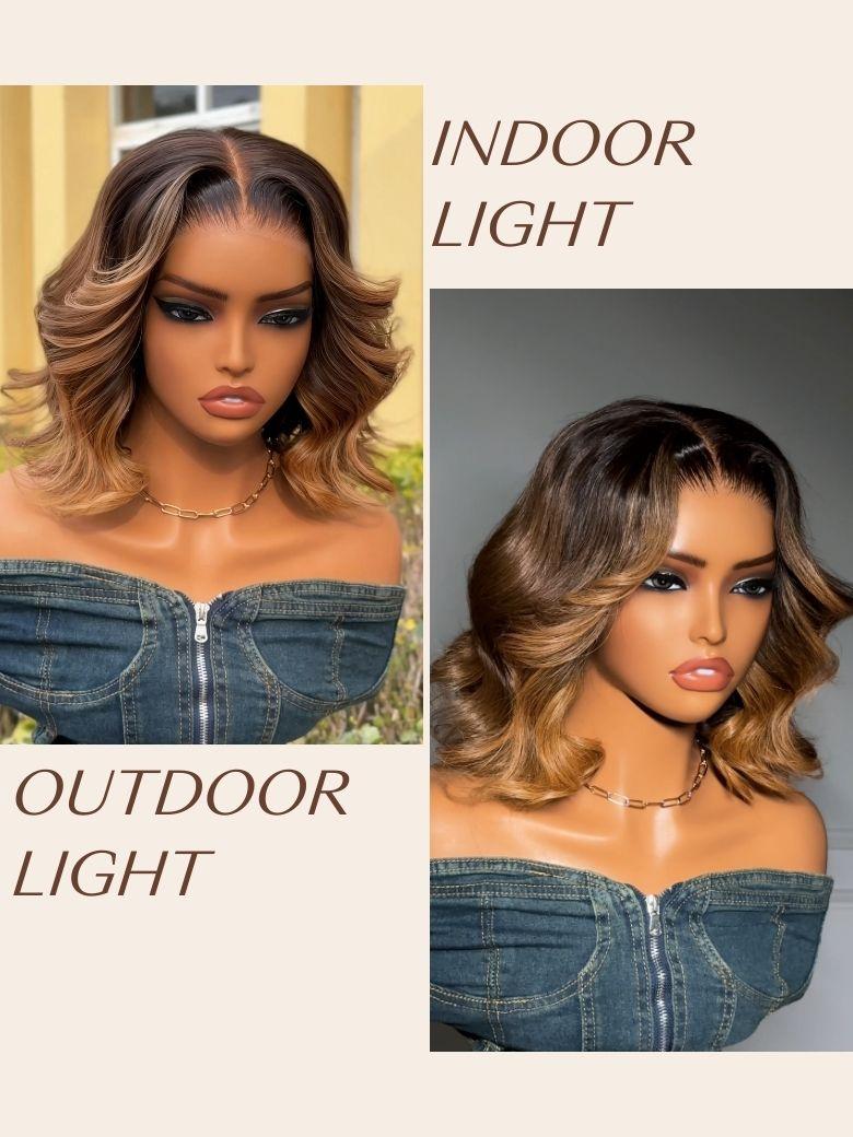 A model displays the UNice 13x4 Pre-Everything Lace Frontal Brown With Honey Blonde Face-Framing, showing a model with a short haircut and a short bob bob bob bob bob.