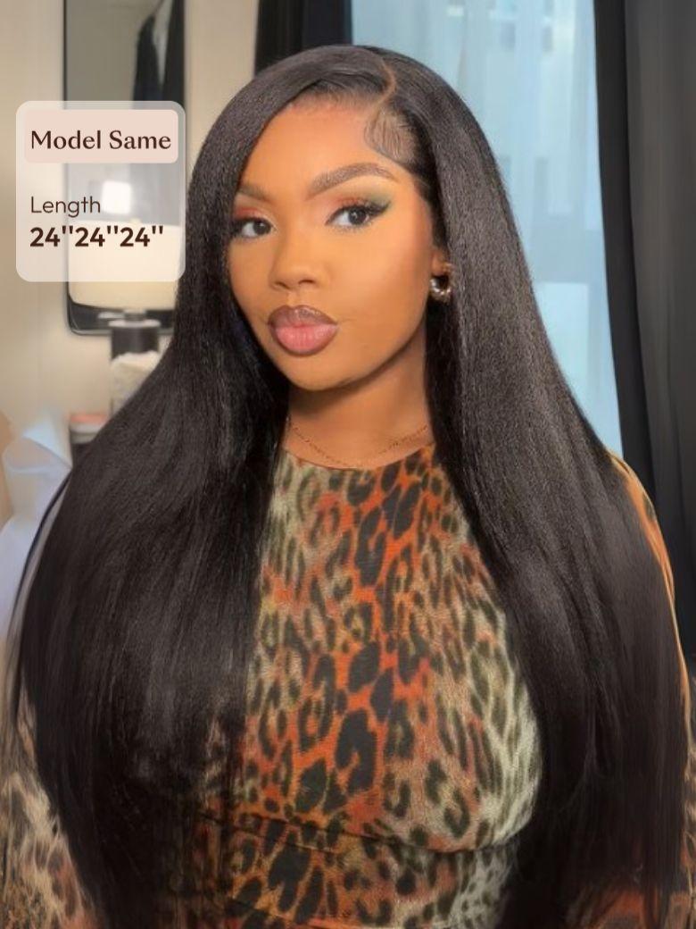 A model displays the UNice Hair Bundles 3 Pcs/pack Hair Natural Yaki Texture Virgin Human Hair, showing a model with long hair wearing a leopard print top and yaki.