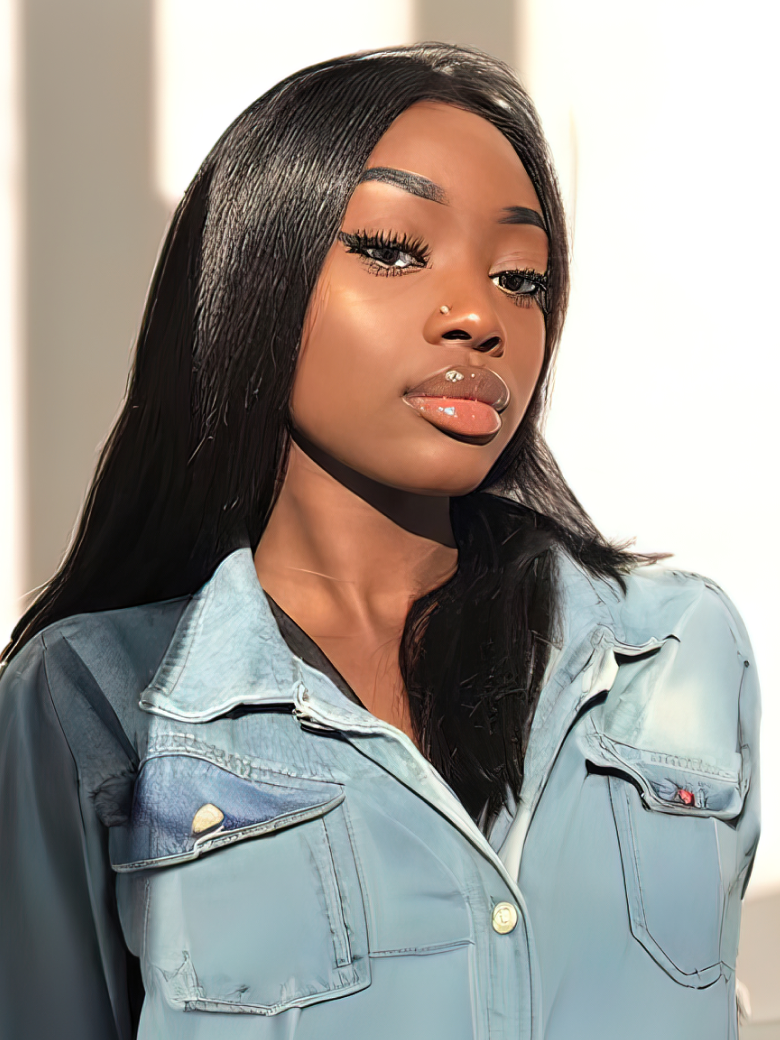 A model displays the UNice Hair 3 Bundles Peruvian Straight Hair Weft With HD Closure, showing a model with long black hair wearing a denim jacket and straight texture.