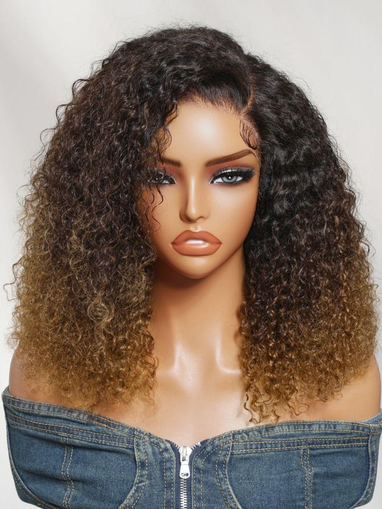 A model displays the UNice 7x5 Bye Bye Slip Lace Dark Brown to Golden Caramel Ombre Curly Glueless Wig, showing a wig with curly hair on a mann and curly texture, ombre.