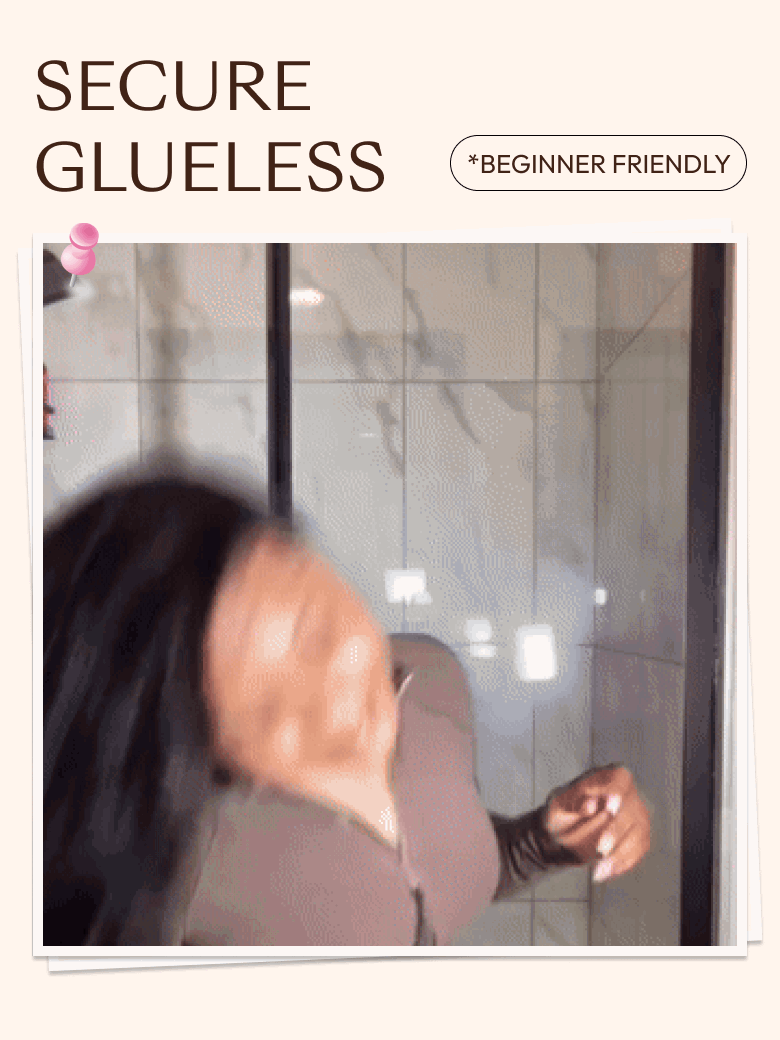 A model displays the UNice 7x5 Bye Bye Slip HD & Transparent Glueless Lace Body Wave Lace Front wig, showing a model is looking at her reflection in a mirror and body.