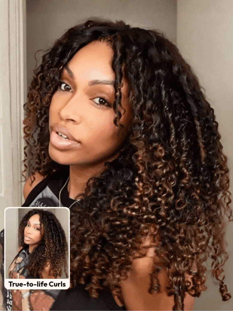 A model displays the UNice 7x5 Bye Bye Slip Glueless Lace Black to Chestnut Brown Ombre Burmese Curly wig, showing a model with curly hair and a black shirt and Burmese.