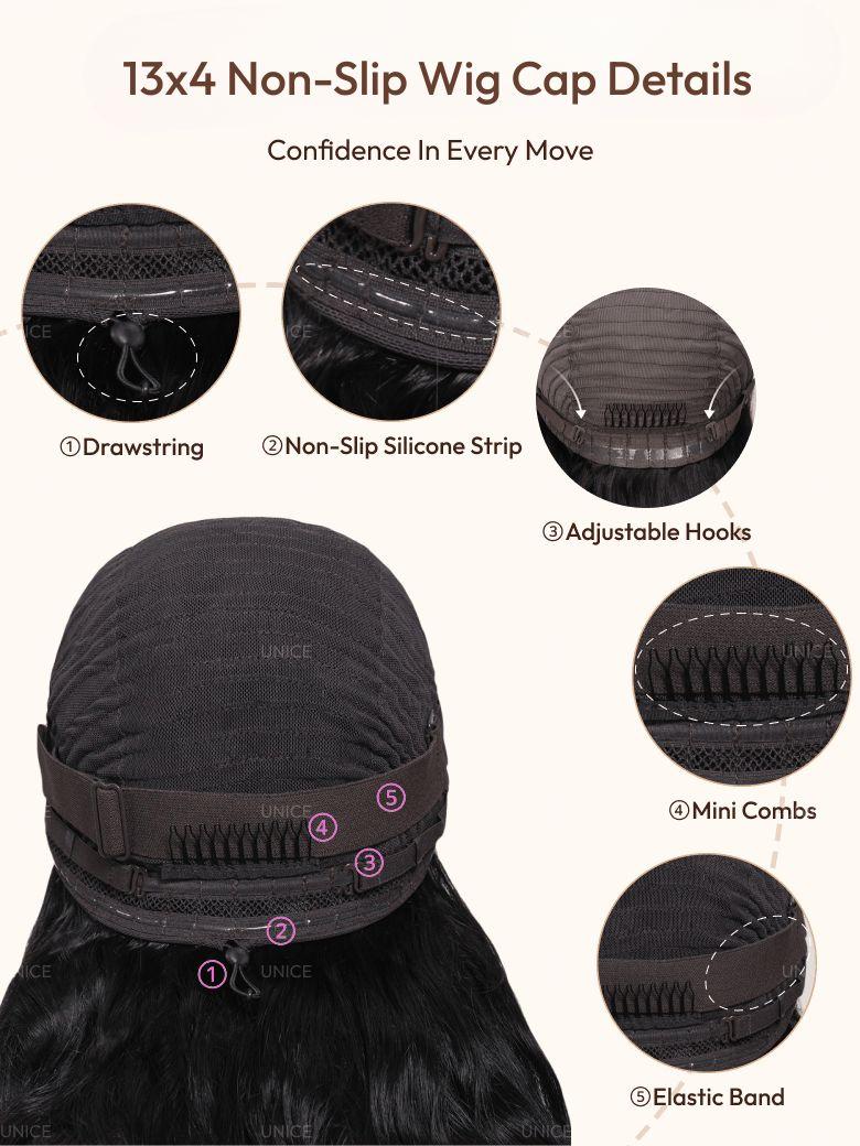 The UNice Ship within 24H UNice Bye Bye Knots 7x5 Lace Pre-Everything Curly Texture wig image highlights 13x4 Non-SlipWig Cap Details, ConfidenceInEveryMove.