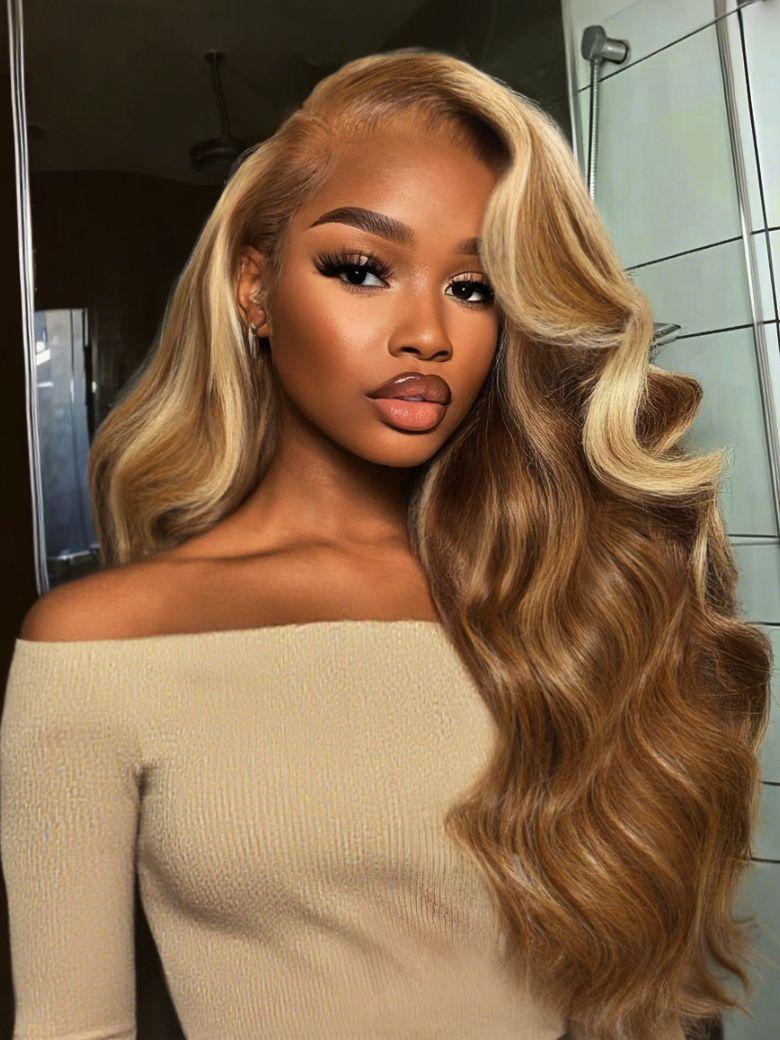 A model displays the UNice 22''-24'' UNice 13x4 Pre-Everything Lace Frontal Honey Blonde Highlights, showing a model with long blonde hair and a beige sweater and loose.