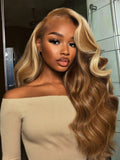 A model displays the UNice 13x4 Pre-Everything Lace Frontal Honey Blonde Highlights Fluffy Loose Wave, showing a model with long blonde hair and a beige sweater.