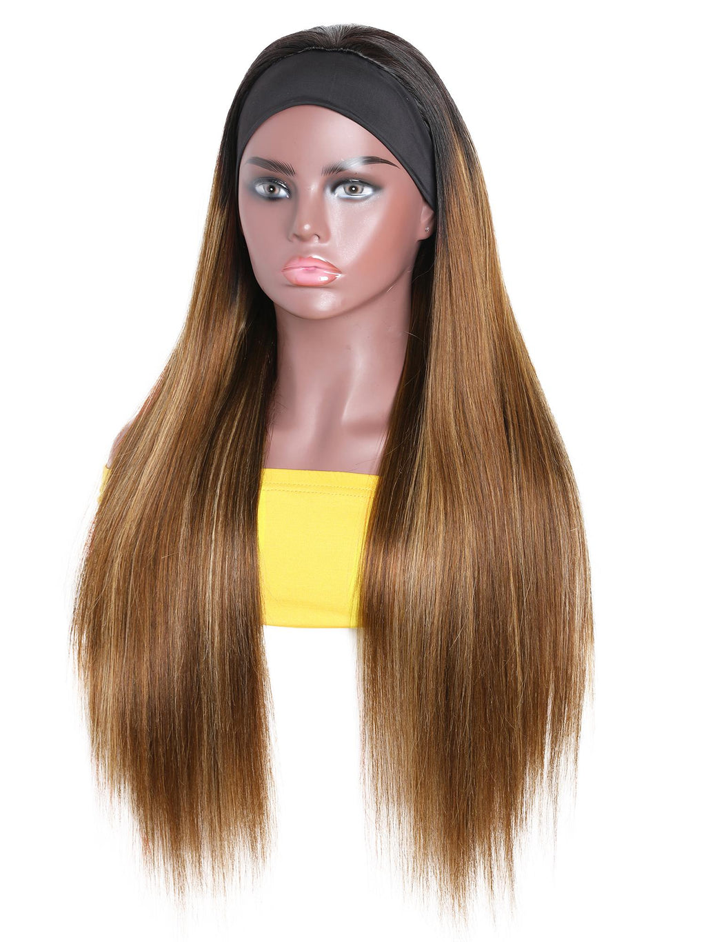 The UNice Ombre Dark Roots Honey Blonde Human Hair Wig 150% Density Headband Straight visual image position 4 shows a wig with long hair and a headband | straight.