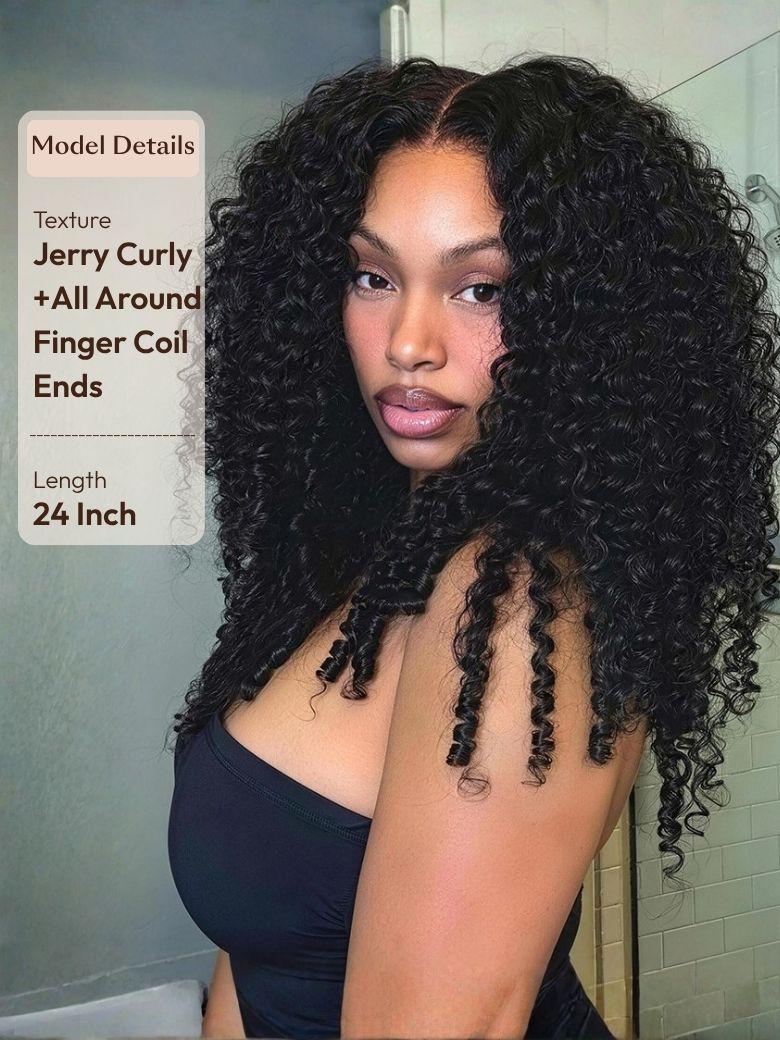 A model displays the UNice 7x5 Bye Bye Slip & 13x4 Pre-Everything Curly Texture Premium Hair Drawstring wig, showing a model with curly hair and a black top and curly.