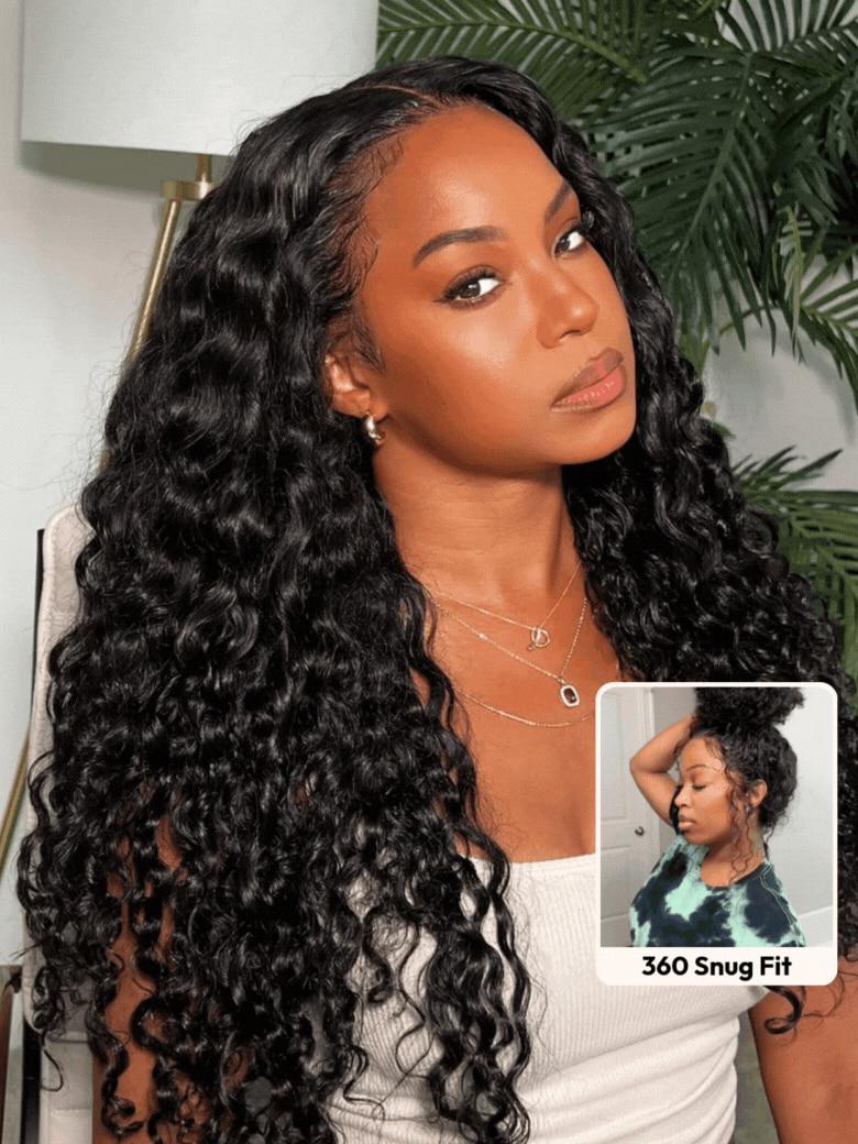 The UNice 22-24" Bye Bye Knots wig 7x5 / 6X4.5/ 13X4 Pre-Cut Lace Honey Brown visual image position 5 shows a model with long curly hair and a white shirt | jerry curl.
