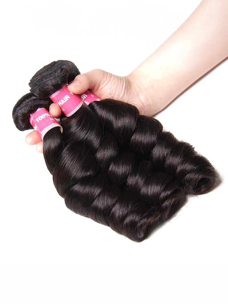 The UNice 3pcs/pack Peruvian Virgin Hair Loose Wave image highlights HAIR, a person holding a pink hair clip and loose wave texture, virgin human hair quality.