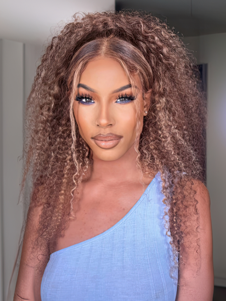 A model displays the UNice Blonde Highlight Piano Color 4 Bundles Of Curly Weave Hair Deal, showing a model with long curly hair and blue eyes and curly texture.