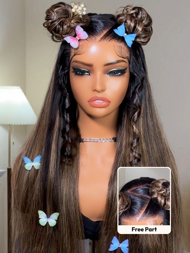 The UNice 13x4 Pre-Everything Glueless Lace Black to Chestnut Brown Ombre Yaki Straight wig image highlights FreePart, a wig with butterflies on it and straight texture.