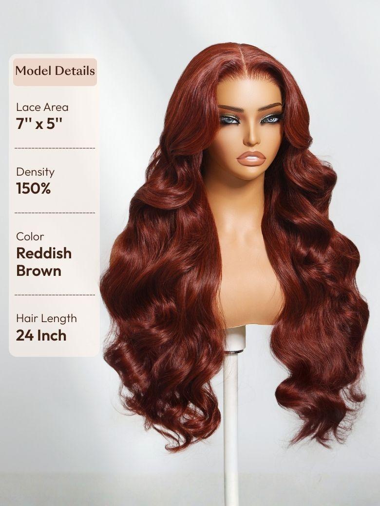The UNice 7x5 Bye Bye Slip Wig Glueless Lace 150% density Flattering Sun-Kissed Warm image highlights Model Details, Lace Area, Density, Color, a wig with long wavy hair.