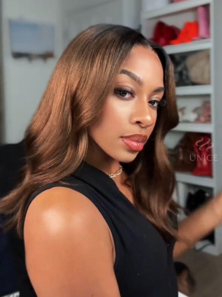 The UNice Bye Bye Slip 7x5 & 13x4 Lace Black to Chestnut Brown Ombre Yaki Bob Wig visual image position 5 shows a model with long hair and a black top | yaki texture.