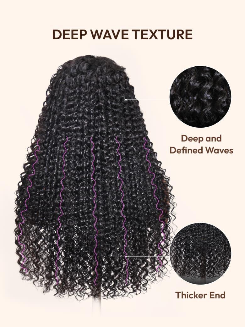 The UNice Pre-Everything 13x4 Lace Frontal Black Deep Wave Wig image highlights DEEPWAVETEXTURE, Deepand, DefinedWaves, ThickerEnd, deep wave hair extensions and deep.