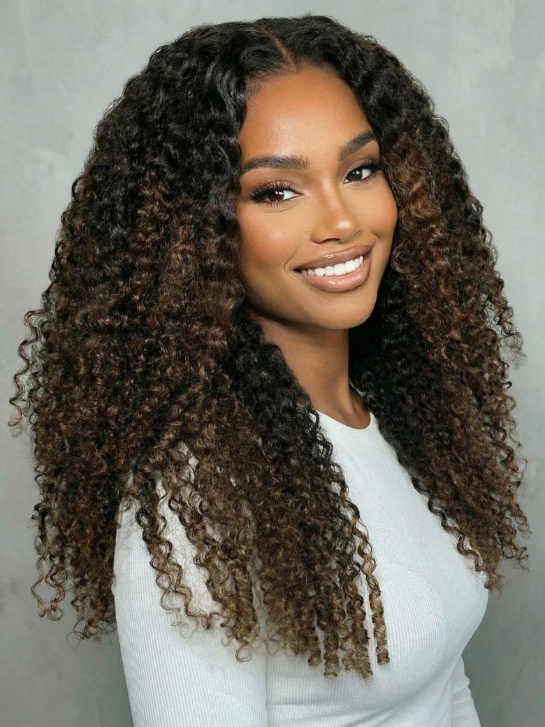 A model displays the UNice EasiContour V Part Black to Chestnut Brown Jerry Curly Drawstring Wig 150%, showing a model with long curly hair wearing a white sweater.