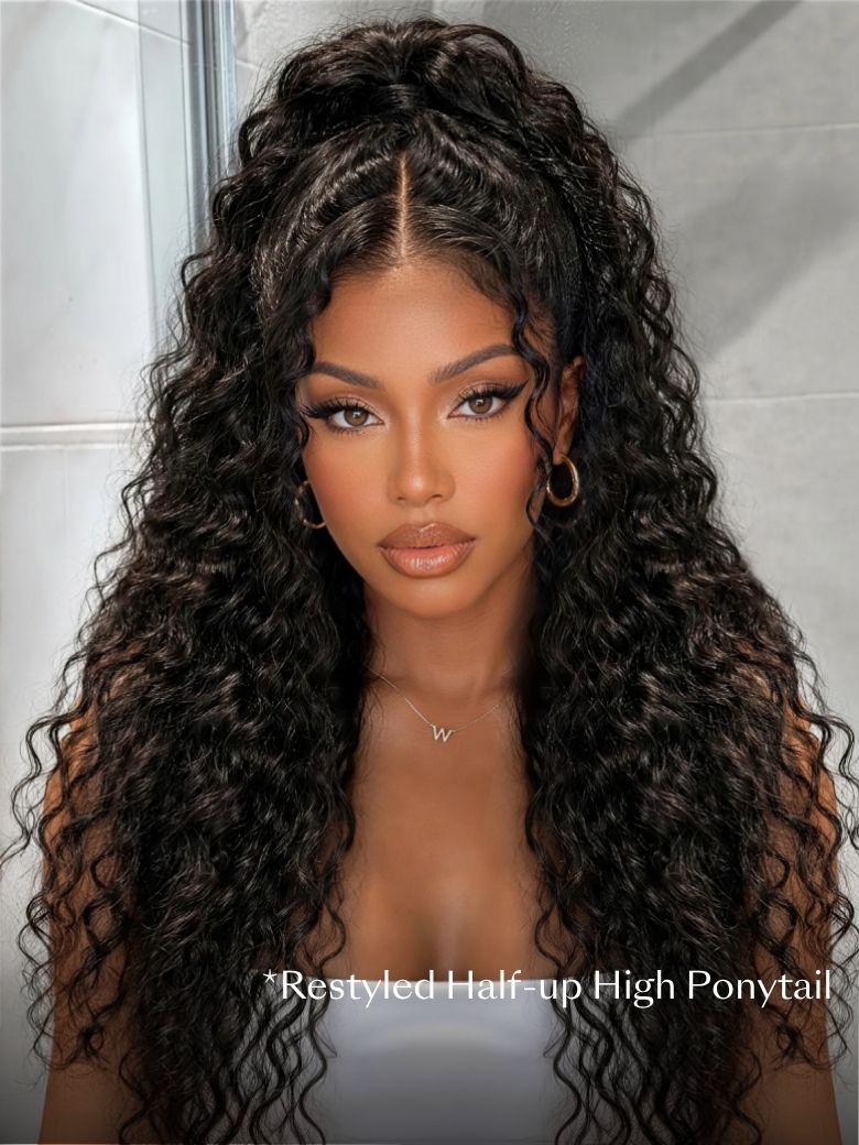 A model displays the UNice 7x5 Bye Bye Slip Glueless Water Wave Drawstring Wig With Baby Hair, showing a model with long curly hair wearing a wig and water wave texture.