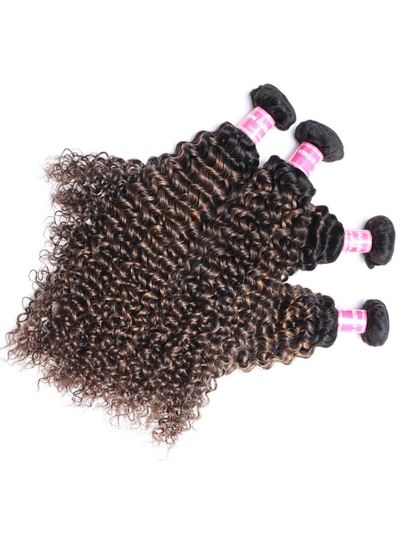 The UNice #FB30 Brown Balayage Highlight 4Pcs Jerry Curly Human Hair Bundles product image shows brazilian virgin curly hair bundles and jerry curl texture, curly.