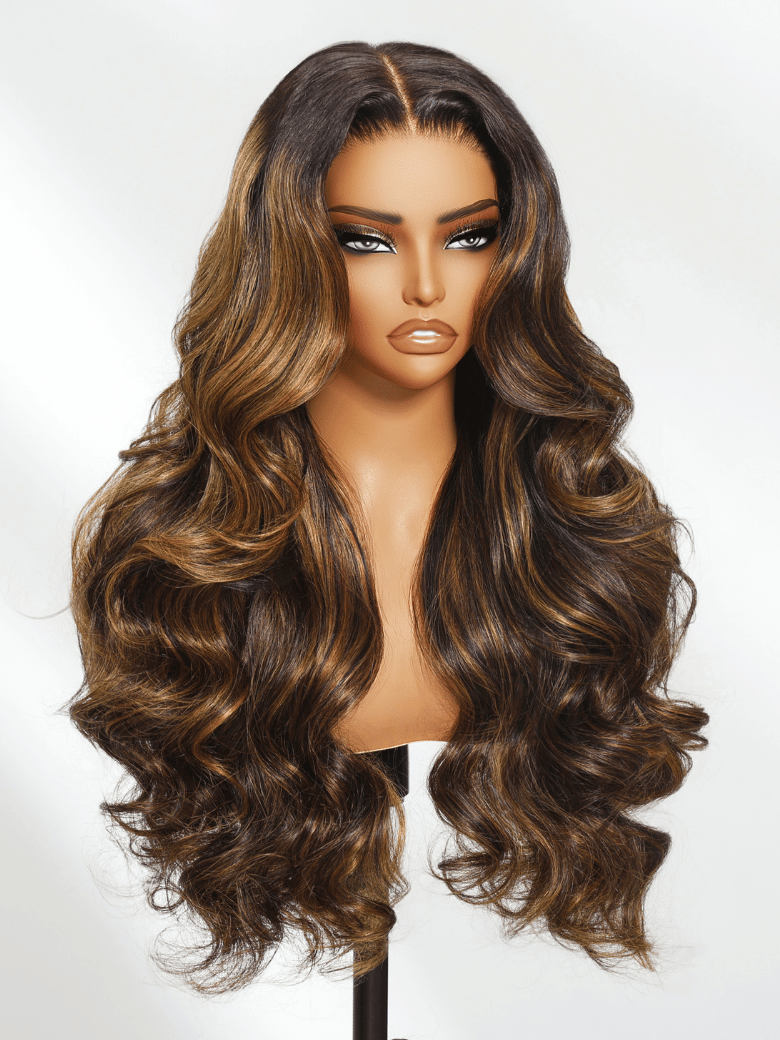 The UNice 7x5 Bye Bye Knots Glueless Lace Balayage Highlight Very Bouncy Body Wave Wig product image shows a wig with long wavy hair and body wave texture, highlight.