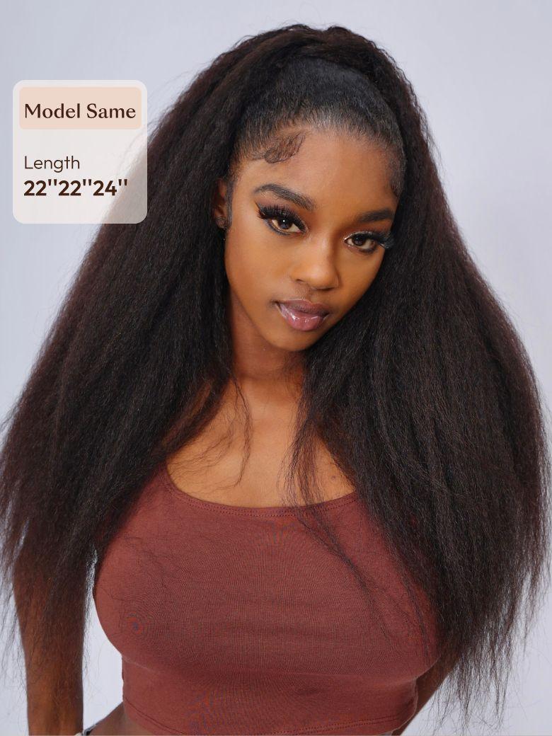 A model displays the UNice 3Pcs Kinky Straight Indian Real Human Hair Bundles Deal, showing a model with long hair and a brown top and kinky straight texture, straight.