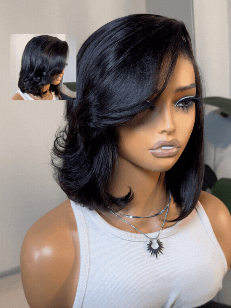 A model displays the UNice 7x5 Bye Bye Knots & 4x4 Lace Closure Black Bob Wig With Side Swept Bangs, showing a manne with a hair clip in it and 7x5, 4x4, lace finish.