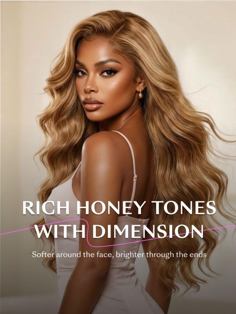 A model displays the UNice 7x5 Bye Bye Slip Wig With Drawstring Pre-Cut Glueless Lace Honey Blonde Body, showing a model with long blonde hair and a white dress and body.