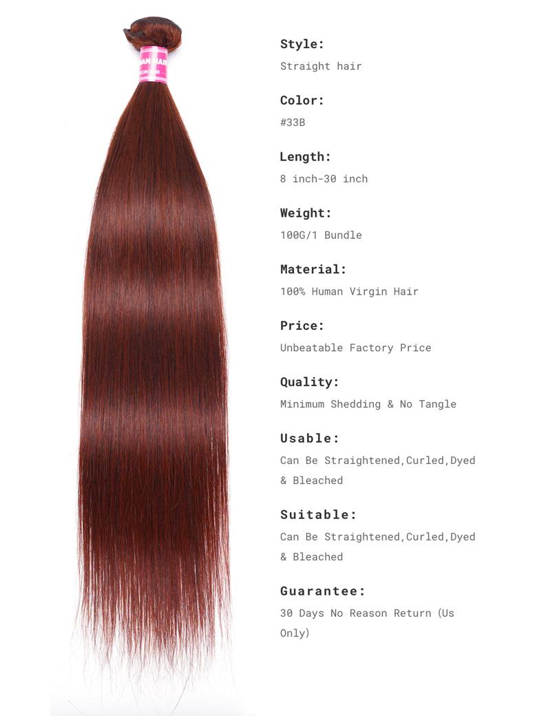 The UNice Dark Auburn Straight Remy Human Hair 3 Bundles With Closure Deal image highlights Style, Straight hair, Color, #33B, virgin hair extensions straight straight.