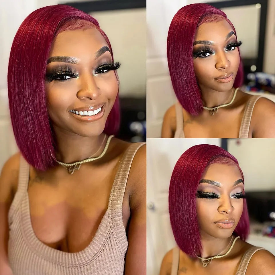99J Burgundy Straight Bob Lace Wig 100% Human Hair Pre Plucked Hairline