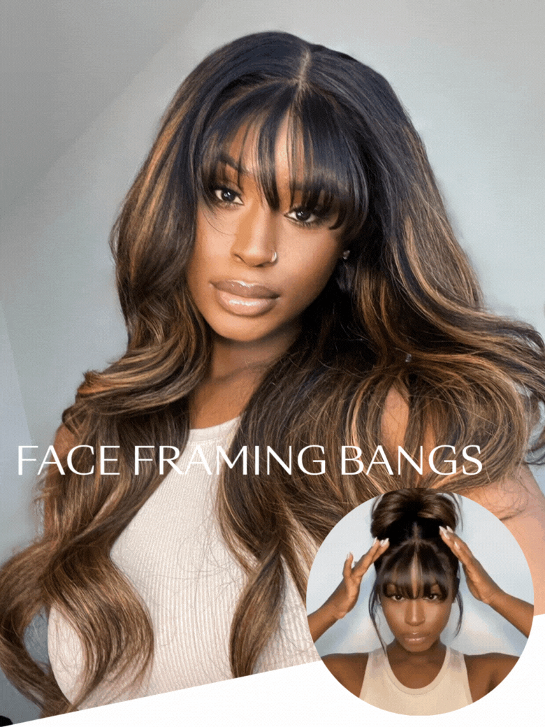 A model displays the UNice 7x5 Bye Bye Knots & 13x4 Pre-Everything Lace Frontal Balayage Highlights, showing a model with long hair and a white shirt and loose wave.